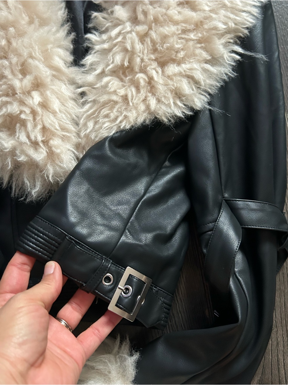 Dolls Kill Black Faux Leather Jacket with Cream Faux Fur Collar and Cuffs - Picture 5 of 11